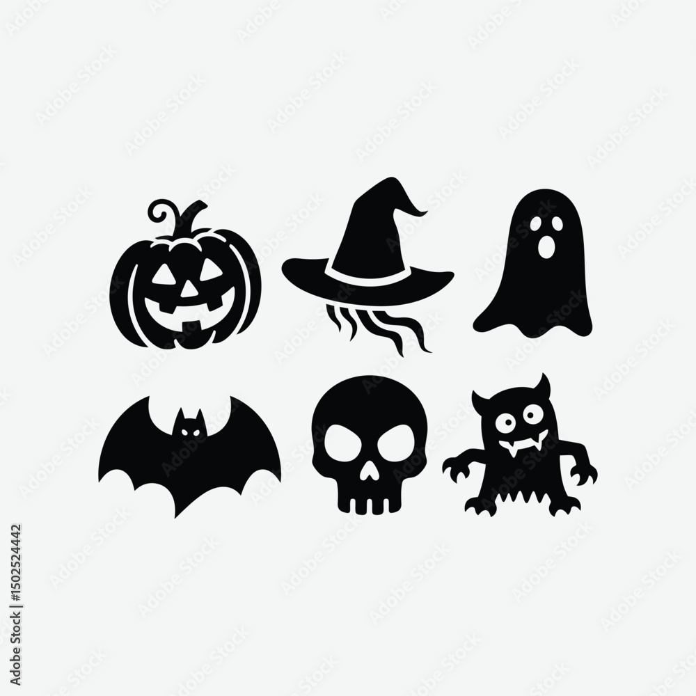 Obraz premium Download a spooky Halloween silhouette icon set featuring witches, pumpkins, ghosts, bats, and haunted houses. Perfect for DIY crafts, t-shirt designs, party decor, stickers, and digital artwork. 