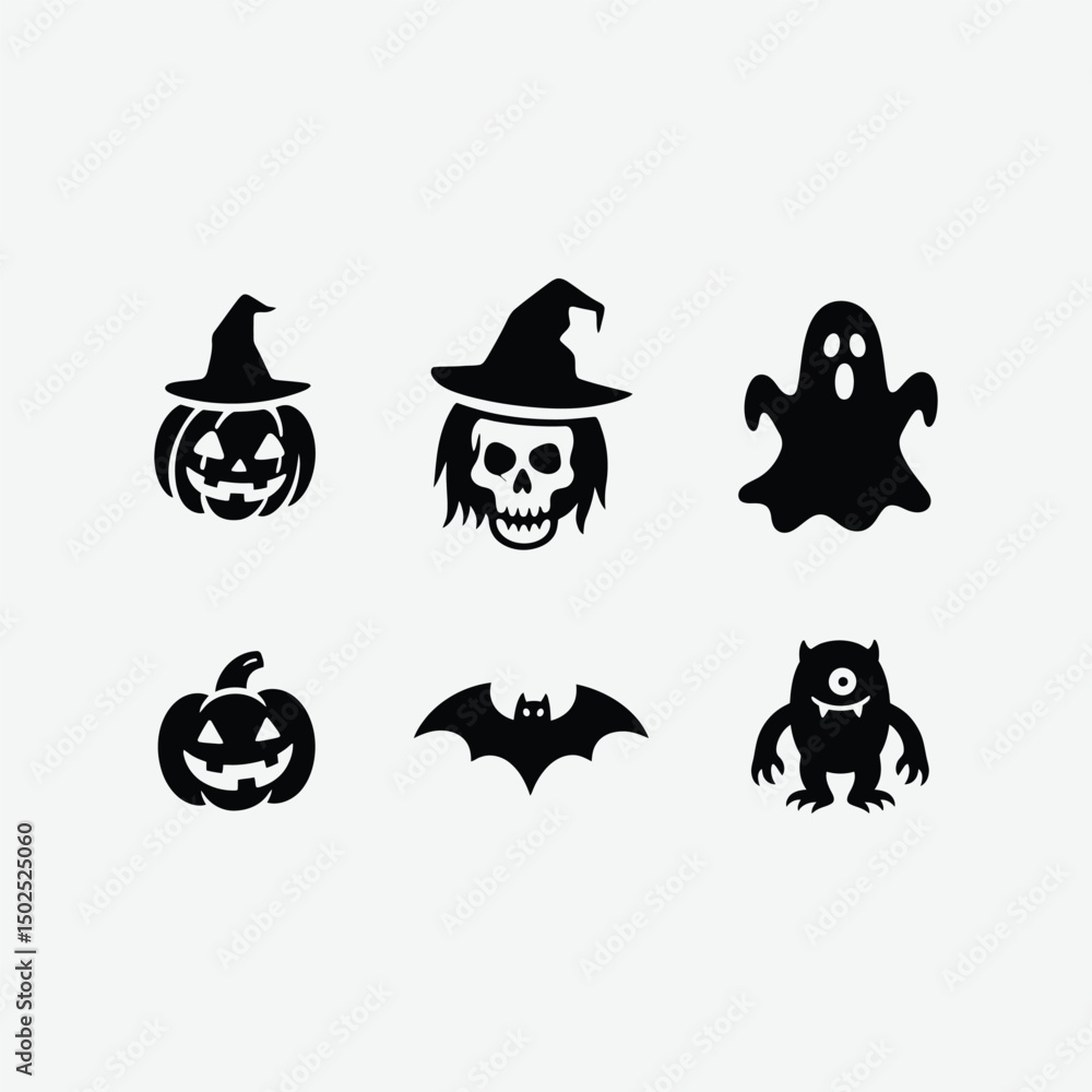 Obraz premium Download a spooky Halloween silhouette icon set featuring witches, pumpkins, ghosts, bats, and haunted houses. Perfect for DIY crafts, t-shirt designs, party decor, stickers, and digital artwork. 