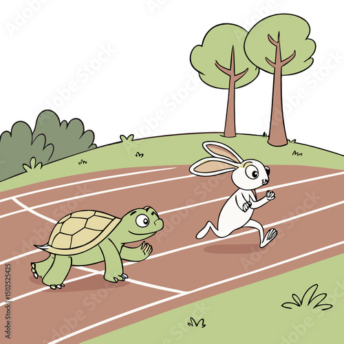 Tortoise races ahead of the hare on the track, aiming to win the classic slow-and-steady race.
