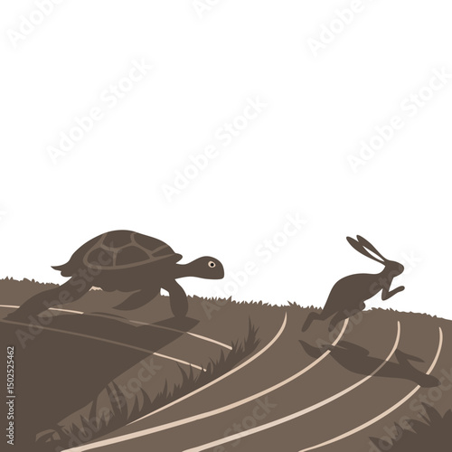 Tortoise races ahead of the hare on the track, aiming to win the classic slow-and-steady race.
