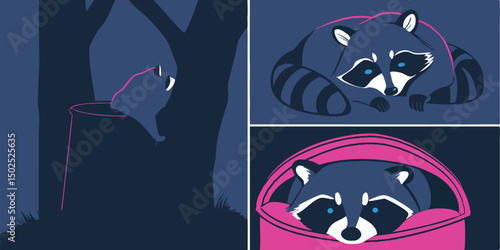 Playful illustrated raccoon trio composed in abstract style suitable for various designs