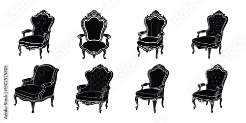 Luxury royal bergere chair silhouettes, noble furniture set on white background.