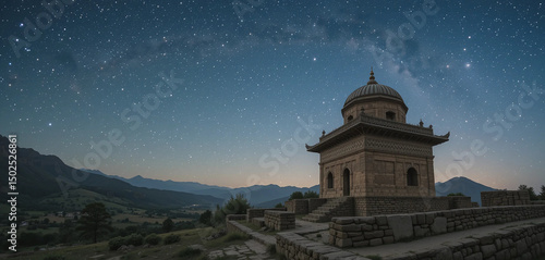 Stars visible over an ancient chorten under the night sky.