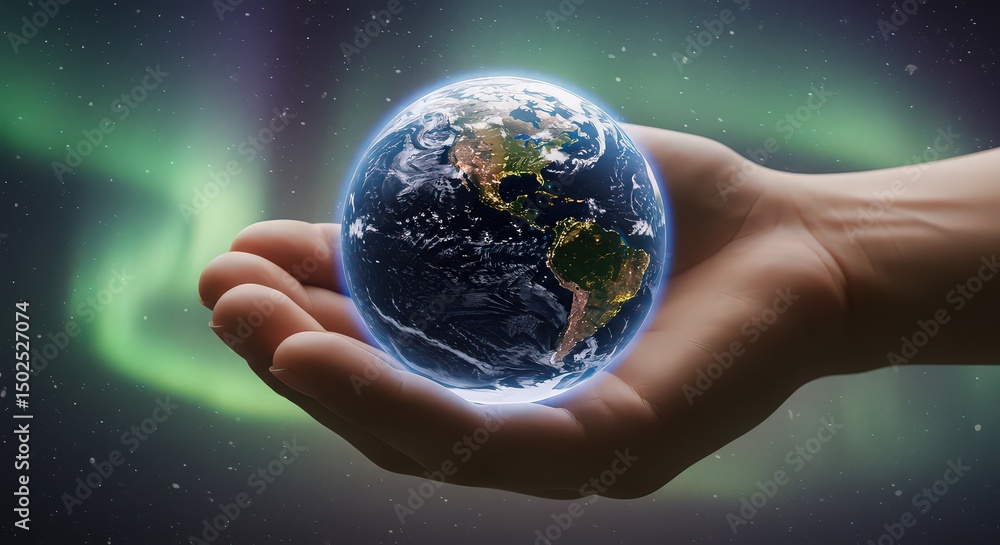 A hand holding a glowing earth globe with aurora borealis in the background and stars around it A hand holding a glowing earth globe with aurora borealis in the background and stars around it