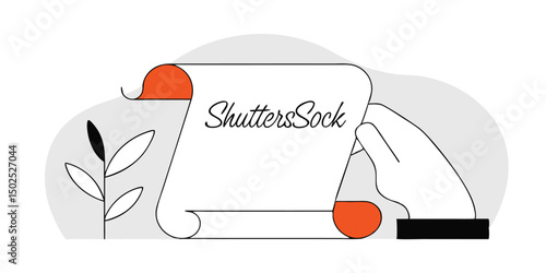 logo on a scroll held by a hand with floral and geometric elements