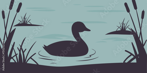 Silhouette of a duck floating on a serene pond surrounded by reeds in a flat design