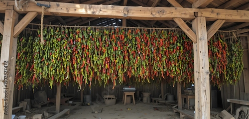 Wooden barn with drying chilies hanging from the beams.