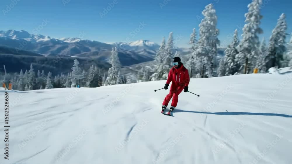Skier in red suit glides down snowy mountain slope, enjoying winter scenery. Skier in red suit glides down snowy mountain slope, enjoying winter scenery.