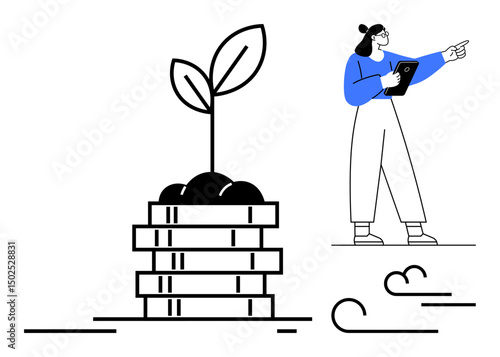 Woman holding tablet, pointing at sprouting plant atop coins, symbolizing growth, sustainability, finance, innovation, planning, business success investments. Ideal for startups finance platforms