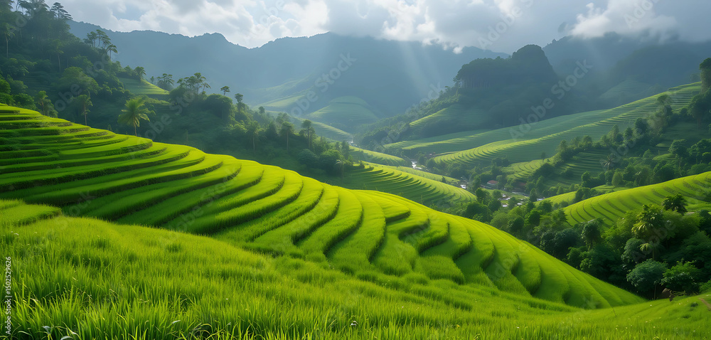 Green rice terraces shimmering under summer rains. Green rice terraces shimmering under summer rains.