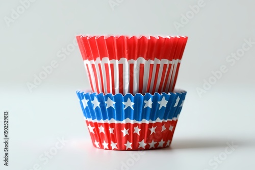 Patriotically designed cupcake liners stacked ready for baking celebrating Independence Day with red white and blue colors and a simple clean background