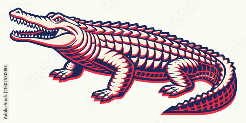 Stylized alligator illustration with bold red and blue accents on a transparent background