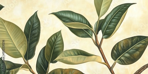 Detailed botanical illustration of magnolia leaves on a light beige background