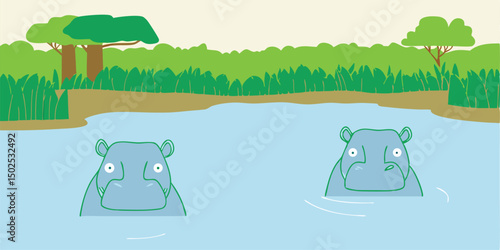 Two cute hippopotamus in the water enjoying their habitat wildlife african animals cartoon vector