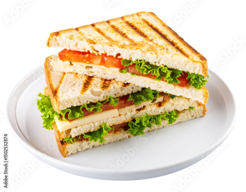 Grilled sandwich with tomato, lettuce, and cheese on a white plate against isolated on a transparent background
