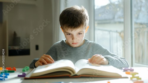 Curious child reading a book surrounded by floating letters, enjoying the magic of literature