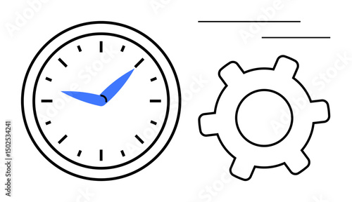 Clock with blue hands and a gear in motion convey time management, efficiency, and workflow optimization. Ideal for productivity, business, planning, strategy, teamwork, time tracking workflow