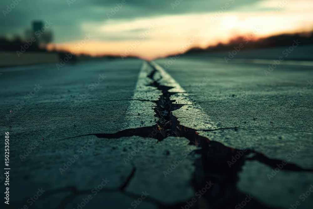 Obraz premium Ultra-Realistic Image of Cracked Asphalt Road Post-Earthquake with Cinematic Lighting
