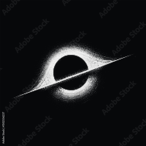 Halftone black hole illustration with vintage comic-style dots, glowing ring, and dramatic space contrast on dark background.