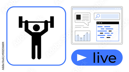 Weightlifter icon beside multimedia interface featuring charts, search bar, and messaging, emphasizing live streaming fitness classes. Ideal for digital exercise programs, personal training, virtual