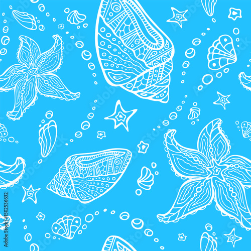 Sea-star and conch seamless pattern. Starfish and shells tribal sea zenart surface design. Polynesian ocean light blue endless texture.
