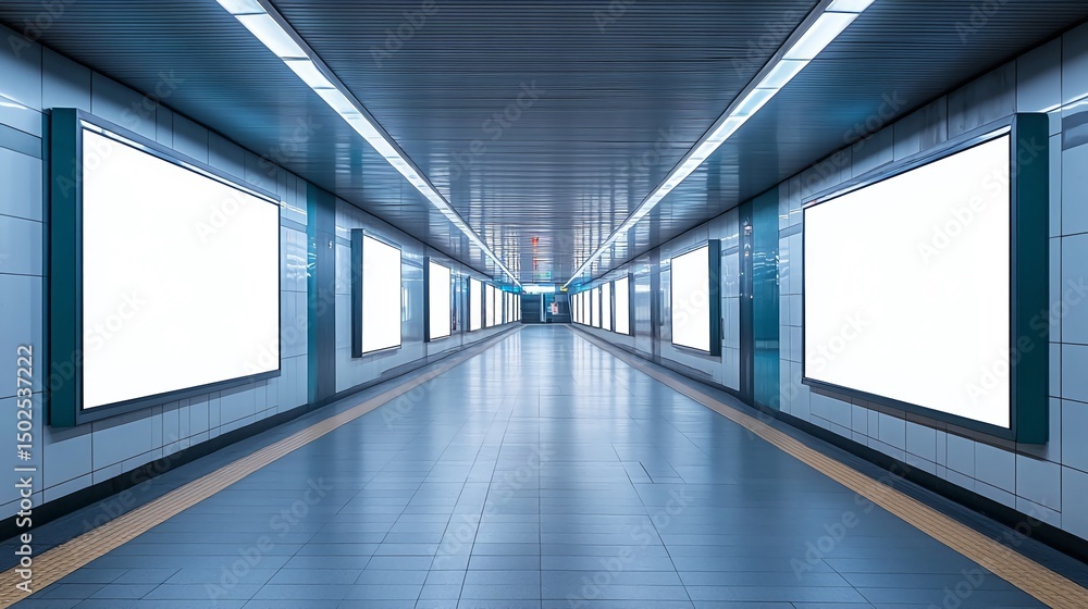 Stepping into the future of urban advertisement a sleek subway tunnel lined with pristine blank billboards cool tones Stepping into the future of urban advertisement a sleek subway tunnel lined with pristine blank billboards cool tones