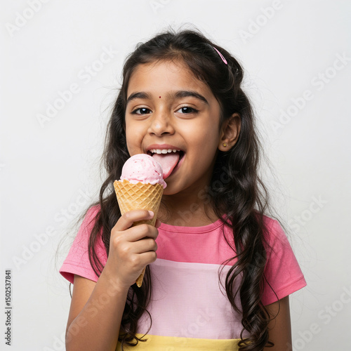 Happy Indian Girl Enjoying Strawberry Ice Cream, isolated white background