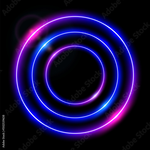 Abstract circle light neon glowing rings on black background, purple blue con...