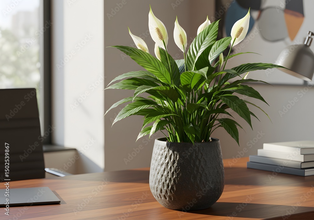 Fototapeta premium Peace Lily Desk Plant Bringing Serenity and Indoor Air Purification to Modern Workspace Setting