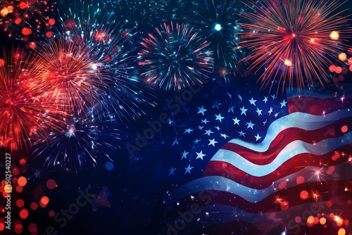 Spectacular Fourth of July fireworks display over a waving American flag vibrant red white and blue colors dazzling night sky festive celebration patriotic spirit