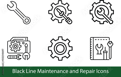 Black Line Maintenance and Repair Icons. Wrench, Gear, Screwdriver, Toolkit & Settings Symbols for Technical and Mechanical Services