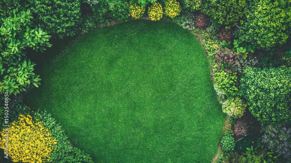 Lush green lawn encircled by vibrant flowering shrubs and trees, viewed from above