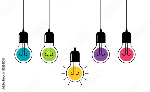 Multicolor hanging light bulbs on white background. Continuous line drawing light bulb. Concept of idea