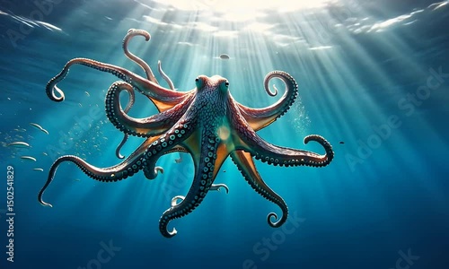 Vibrant octopus swimming gracefully in clear ocean waters, illuminated by sun rays above
