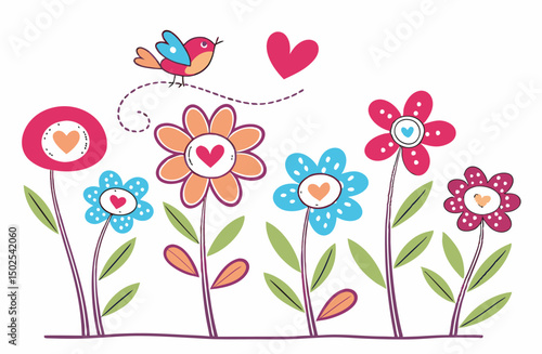 A beautiful floral background with spring flowers, butterflies, and birds, perfect for a greeting card design
