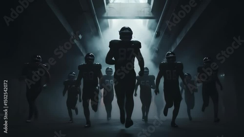 A group of football players running through a foggy tunnel before a game, showcasing teamwork and determination