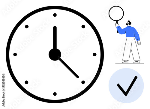 Large analog clock with bold markings, man holding a bubble next to a checkmark. Ideal for time tracking, goal setting, task organization, productivity, deadlines, efficiency, simple landing page