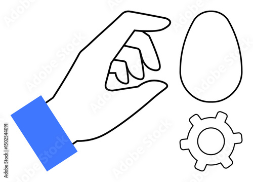 Human hand reaching for egg and gear, representing choice, innovation, creation, and functionality. Ideal for creativity, innovation, decision-making, idea generation problem-solving strategic