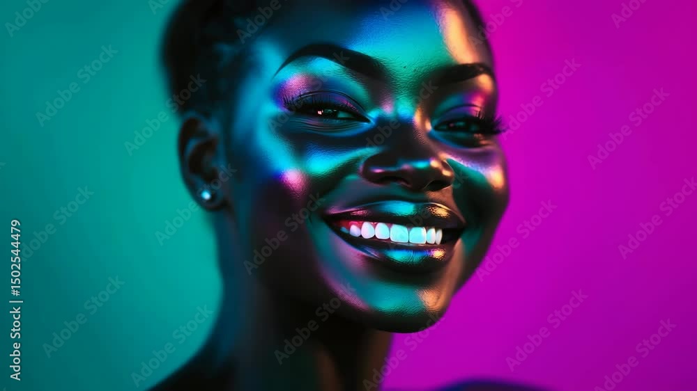 Close up portrait of a young woman with vibrant, iridescent makeup, showcasing a range of joyful expressions Close up portrait of a young woman with vibrant, iridescent makeup, showcasing a range of joyful expressions