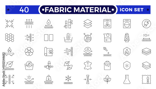 Fabric Material outline Icons set. Vector illustration of textile related icons: thermos, recycled, bamboo, product, industry, shop, leather, textile, cotton, wool, waterproof, material and more.