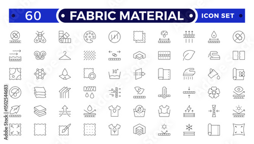 Fabric Material outline Icons set. Vector illustration of textile related icons: thermos, recycled, bamboo, product, industry, shop, leather, textile, cotton, wool, waterproof, material and more.