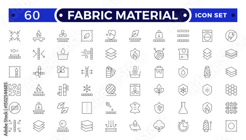 Fabric Material outline Icons set. Vector illustration of textile related icons: thermos, recycled, bamboo, product, industry, shop, leather, textile, cotton, wool, waterproof, material and more.