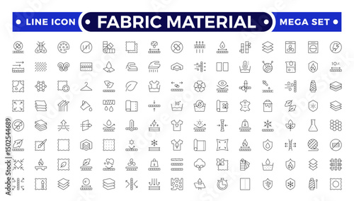 Fabric Material outline Icons set. Vector illustration of textile related icons: thermos, recycled, bamboo, product, industry, shop, leather, textile, cotton, wool, waterproof, material and more.