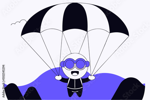Fun cartoon parachute jumper with expressive face and goggles great for youth content outdoor adventure marketing or whimsical illustration projects