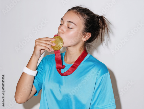 Female Athlete Kissing Gold Medal with Pride, white background