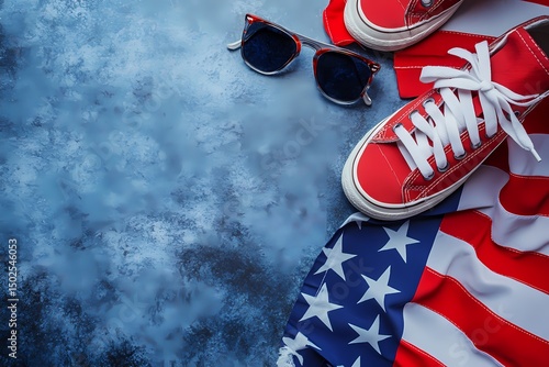 Red sneakers and sunglasses rest on an American flag a vibrant summer scene evocative of freedom travel and patriotic celebrations set against a cool blue textured