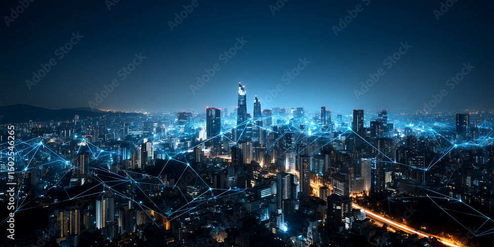 Fototapeta premium Digital transformation in cloud services and enterprise software urban landscape at night tech-driven connectivity