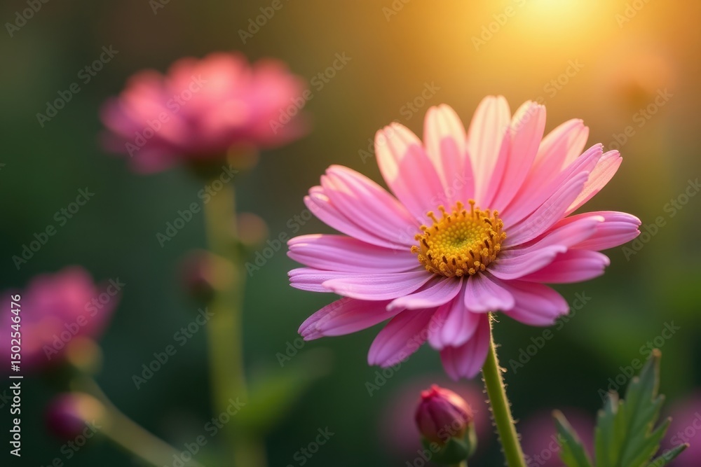 Obraz premium Soft focus on a realistic aster flower in warm sunlight, showcasing its unique shape and delicate texture, natural, blossom