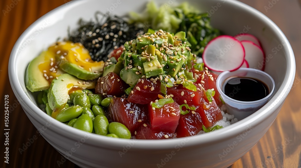 Ahi Tuna Poke Bowl with Avocado, Edamame, Seaweed, and Radish Ahi Tuna Poke Bowl with Avocado, Edamame, Seaweed, and Radish