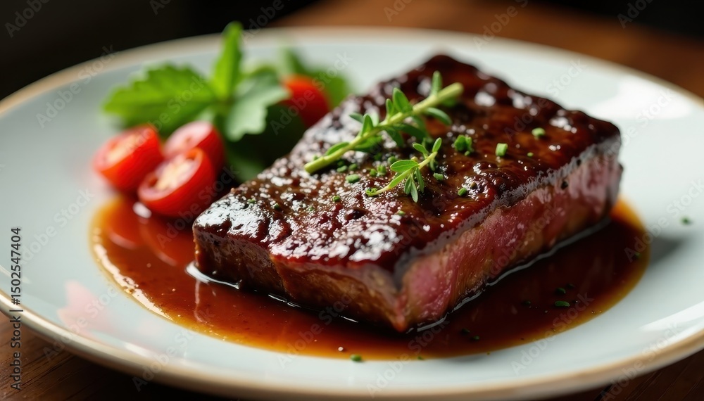 Tender beef short ribs served on a plate with a side of au jus for dipping , au jus, food Tender beef short ribs served on a plate with a side of au jus for dipping , au jus, food